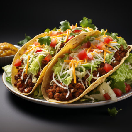 a plate of mouthwatering tacos, accompanied by a fresh salad and flavorful beans, is beautifully captured in this high-resolution photograph. the black background enhances the vibrant colors of the dish, while the softbox lighting adds a touch of elegance. the intricate detailing and layered fibers create a visually appealing composition, with a frequent use of yellow adding a pop of brightness. ai generatedの素材
