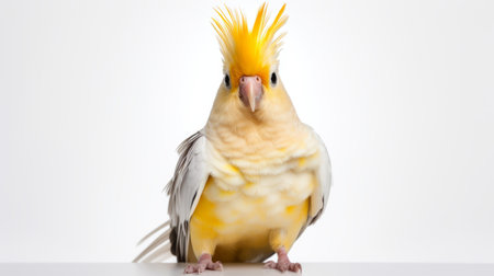 a golden cockatoo perched on a white background, showcasing a unique blend of light yellow and light gray colors. this genderless bird captivates with its surprisingly absurd appearance and explosive pigmentation. with a touch of avocadopunk vibes, its feathers display a mesmerizing combination of light teal and light amber shades. truly an award-winning sight. ai generatedの素材