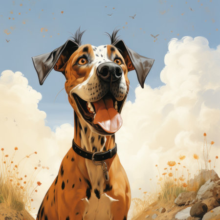 a big dane sits in a side view shot, gazing to his right with a happy expression. this detailed digital illustration, reminiscent of oliver jeffers' vintage book illustrations, captures a touch of magic realism. with its storybook charm and official art quality, this 8k full hd illustration is a visual delight. ai generatedの素材