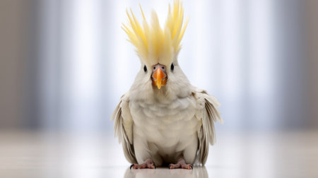 a white cockatoo with yellow hair perched on a tile is captured in this royalty-free image (2472617). the backlit photography style adds a funky and futuristic touch to the composition. the spiky mounds and vibrant colors evoke the artistic influences of patricia piccinini and joel robison. with its 8k resolution, this image is perfect for pop-culture-infused projects. ai generatedの素材