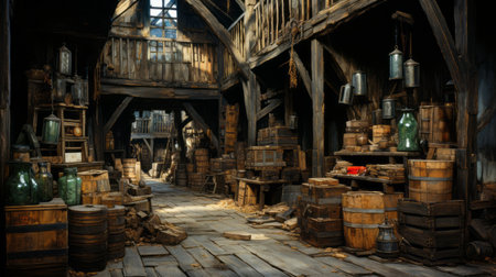 a large area filled with shelves of distressed and weathered barrels, showcasing a variety of brushwork techniques. this captivating photo, captured with a canon eos 5d mark iv and enhanced with cryengine, transports viewers to a 17th-century setting. the tangled nests and tabletop photography add depth and intrigue to the composition. ai generatedの素材