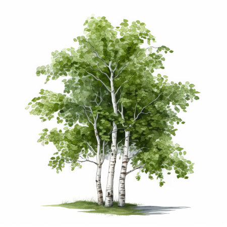 three birch trees are depicted in this hyperrealistic watercolor illustration. the artist has captured every intricate detail, from the leaves to the ambient occlusion. the meticulously detailed still life showcases the white and green hues of the birch trees, creating a stunning and lifelike portrayal. ai generatedの素材