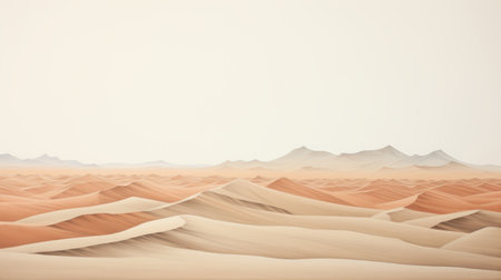 a minimalist depiction of the sahara desert landscape showcasing sand dunes, clouds, and mountains. this artwork by ildiko neer combines realistic and hyper-detailed renderings with muted and subtle tones. the painting captures the essence of the desert with its tumblewave and detailed marine views, creating a unique and captivating piece in a skeuomorphic style. ai generatedの素材