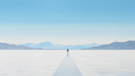 a photo titled "human enlightenment: a dream life path in the winter sky" by sonia maki captures a muted, minimalist composition of an expansive winter landscape. inspired by artists like scott listfield and santiago calatrava, the image features a light blue color palette and sci-fi elements reminiscent of david nordahl's work. ai generatedの素材