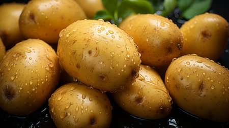 fresh potatoes arranged in a top view, captured with a hasselblad camera using soft lighting. the seamless background enhances the vibrant colors of the potatoes, while sparkling raindrops add a touch of freshness. this award-winning photograph showcases high-end retouching and color grading, making it perfect for advertising and commercial purposes. with its high resolution and fine art quality, this 16k image offers incredible detail andの素材