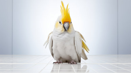 a young cockatoo perches on a black and white tile, surrounded by a light gray and yellow color scheme. the explosive pigmentation of the bird's feathers creates a captivating visual. this associated press photo captures a scene reminiscent of dr. seuss, with an androgynous cockatoo displaying a strong facial expression. salon kei's artistic touch is evident in this striking image. ai generatedの素材