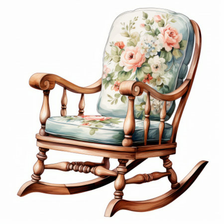 a vintage rocking chair with shabby chic style, featuring designs by cath kidston and emma bridgewater. this hyper-realistic watercolor clipart showcases intricate details. the image is a single design, perfect for print on demand. it is in png format with a transparent background, making it easy to remove the white background. ai generatedの素材