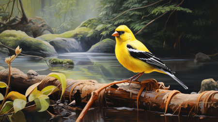 a black and yellow bird, reminiscent of the distinctive characters found in the artwork of greg hildebrandt, stands gracefully next to a serene body of water. this stunning piece, created in the style of soft brushstroke realism, captures the sublime wilderness and essence of nature, much like the works of ben wooten and stephen shortridge. ai generatedの素材