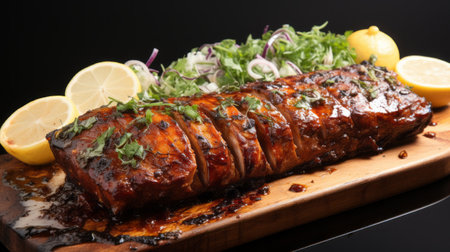 a piece of meat with lemon slices is showcased on a wooden board, exuding a seapunk-inspired aesthetic. the artwork features a multi-layered composition with heavy lines, reminiscent of the style of luis royo. the dark amber tones and traditional vietnamese influences create a captivating contrast against the glazed surfaces. ai generatedの素材