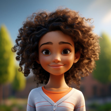 an animated girl, dressed in an orange shirt and orange scarf, is captured in an off scene from the movie "prince charming." this photorealistic image, created using maya, showcases bold colorism and intricate details. the cute and dreamy atmosphere is enhanced by the lit kid, with a backlight adding depth to the movie still. ai generatedの素材