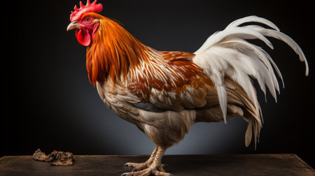 a full body portrait of an award-winning wildlife photograph featuring a chicken. this ultra wide shot was captured using a canon 300mm f/2.8 lens, resulting in hyperrealistic imagery. the taxidermy subject appears super detailed, with a focus on the eye and feathers. studio lighting enhances the realism, while the high resolution of 300dpi cmyk ensures 8k quality. ai generatedの素材
