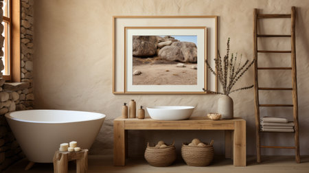 a bathroom featuring a hanging toilet, towel, rocks, and a small ladder. this unique photograph showcases a realistic landscape with soft, tonal colors inspired by dogon art. the tabletop photography captures the scene with a distinct framing and composition, highlighting the beige and amber tones. ai generatedの素材