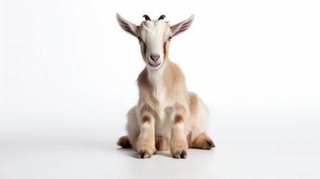 a small white male goat is captured in this photo, sitting on a clean white background. the image is taken in the style of zeiss batis 18mm f2.8 lens, showcasing the goat's light red and dark beige fur. the goat's shiny eyes add a touch of intrigue to the picture, while the use of innovative techniques and intel core technology ensures a high-quality image withの素材