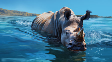 a rhino gracefully swimming in the ocean, captured in a hyper-detailed and realistic style. this surrealistic image, created using cinema4d, showcases bold chromaticity and a close-up perspective. the scene features realistic seascapes, blending pseudo-realistic elements to create a captivating visual experience. ai generatedの素材