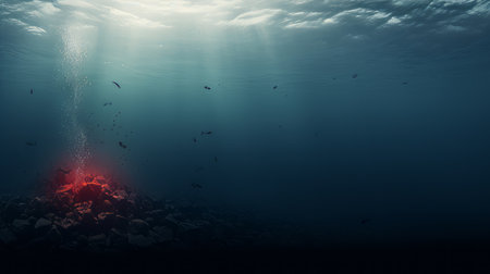 a submarine submerged in the ocean, illuminated by a vibrant red light piercing through the water. this captivating image, reminiscent of jessica rossier's style, showcases a soft atmospheric perspective and has been digitally enhanced. captured with a leica r3, the photograph exhibits depth of layers and a mesmerizing backlight effect. ai generatedの素材