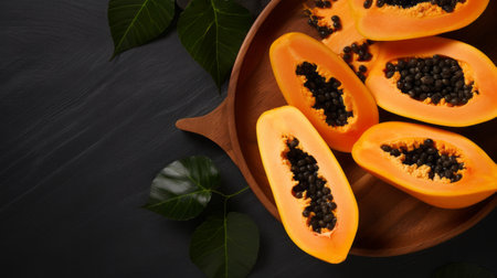 two ripe papayas are beautifully displayed in a black wooden bowl, accompanied by vibrant green leaves. the warm color palette enhances the natural appeal of the fruits, with minimal retouching. the image showcases light orange and light gold tones, as well as bold color combinations of dark orange and light cyan. this high-resolution uhd image is perfect for advertisements, drawing inspiration from its captivating composition.の素材