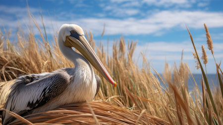 a bird perches on a grassy hilltop, surrounded by a hyperrealistic marine life scene. the artwork, created in unreal engine, captures snapshots of iconic hollywood stars. the composition features the artistic styles of don bluth and patrick dougherty, with selective focus highlighting the bird. the color palette includes light azure and beige tones. ai generatedの素材
