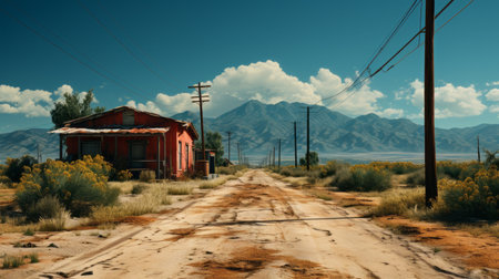 a small parked red truck sits amidst a post-apocalyptic backdrop, showcasing desolate landscapes and chicano-inspired aesthetics. this villagecore scene captures the essence of farm security administration aesthetics, against the backdrop of mountainous vistas. the uhd image brings out the intricate details of this captivating setting. ai generatedの素材