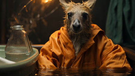 kangaroo in a big tub wearing a long sleeve shirt, captured in a surrealistic style of photography. this animated gif showcases the unique concept of "mommy's on-the-phonecore" with a touch of aurorapunk. the minimalist canvas and the use of canon eos 5d mark iv add depth to this soggy yet captivating image. ai generatedの素材
