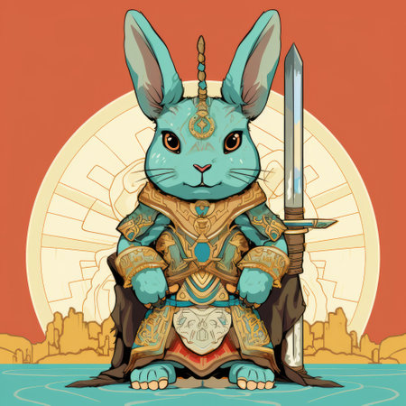a black bunny in armor, adorned with intricate and bizarre illustrations, stands tall while holding a sword. the psychedelic portraiture style of light turquoise and amber adds a colorful and vibrant touch to the image. inspired by artists like dau al set and colorful moebius, this epic portraiture showcases symmetrical balance and captivates with its unique and fantastical design. ai generatedの素材
