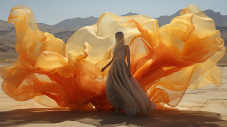 a white woman in a flowing white dress gracefully walks towards a mesmerizing scene of a burning ball gown. this captivating image, rendered in cinema4d, showcases the contrast between the white dress and the vibrant colors of the burning gown. the desertwave-inspired backdrop in dark yellow and light orange hues adds a touch of mystique to this uhd image, resembling colorful watercolors. photo taken withの素材