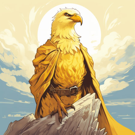 a majestic golden eagle perched on a rocky surface, depicted in a graphic novel-inspired style. the eagle is adorned with a vibrant yellow cloak, while the illustration showcases flat brushwork and intricate details in the skies. this editorial illustration captures the essence of the daguerreian and enlightenment era, reminiscent of the works of realist painters. ai generatedの素材