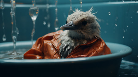 duck in a big tub wearing a long sleeve shirt, captured in a surrealistic style of photography. this animated gif showcases a unique blend of mommy's on-the-phonecore and aurorapunk aesthetics. the minimalist canvas and the use of canon eos 5d mark iv add depth to the soggy yet intriguing composition. ai generatedの素材