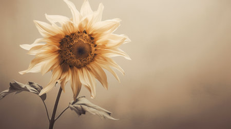 a single sunflower is showcased in this vintage sepia-toned photograph by elizabeth gadd. the grey background enhances the flower's vibrant colors of light orange and light beige. this digitally enhanced, high-definition image was captured by joel robison, who won a contest for his exceptional photography skills. ai generatedの素材