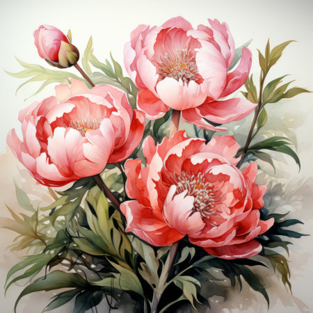 three pink flowers are beautifully depicted on a beige background in this watercolor-style painting. the detailed character design showcases the artist's skill, while the dark gray and red accents add depth to the realistic color schemes. the traditional color scheme and grandiose color schemes make this illustration truly captivating. ai generatedの素材