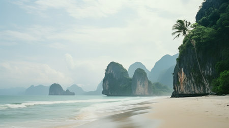 a stunning 8k resolution photo captures a dreamy, delicately rendered beach and rocky coastline. the image showcases a hazy landscape with palm trees, reminiscent of thai art. the mountainous vistas add depth to the scene, while the leica m6 camera beautifully captures every detail. ai generatedの素材