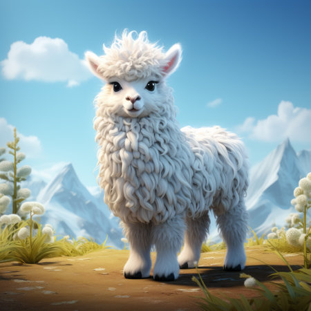 an alpaca stands gracefully in front of a picturesque backdrop of trees and majestic mountains. this artwork showcases a realistic and hyper-detailed rendering, reminiscent of cartoon-like characters. the color palette consists of dark white and light azure tones, creating a visually captivating scene. the intricate character design reflects the artistic styles of bill gekas, thechamba, and the use of rtx technology. ai generatedの素材