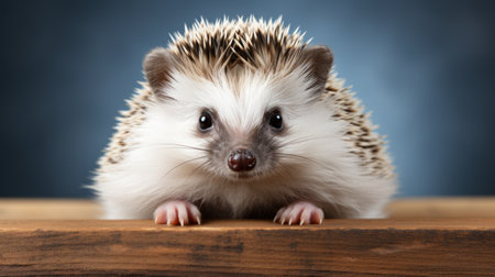 hedgehog on a table, captivating with explosive pigmentation in dark white and light blue. its exacting precision and adorable petcore make it a captivating subject in this associated press photo. the image exudes a unique salvagepunk vibe, with the hedgehog perched on a wooden surface, looking back at the viewer. ai generatedの素材