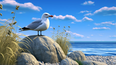 a flock of birds perched on rocks by the brisk water, captured in a realistic hyper-detailed rendering. the scene resembles a cartoon mis-en-scene with photorealistic details, reminiscent of the works of charles addams. the high-resolution image showcases the beauty of seaside scenes, creating a captivating visual experience. ai generatedの素材