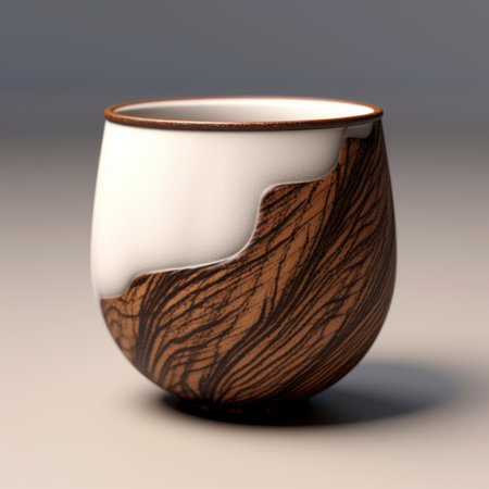 the cup in the photo is a stunning example of realistic hyper-detailed rendering. painted in white and wood, it showcases the desertwave style with its fluid lines and layers of texture. the artist, oleksandr bogomazov, skillfully contrasts different textures to create a highly realistic and detailed depiction. ai generatedの素材