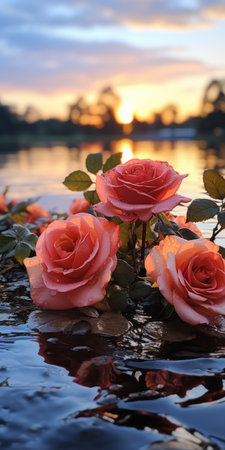 a serene lake with vibrant red, orange, and yellow rose leaves reflecting on its still waters. this hyper-realistic photo captures warm colors, dynamic lighting, and a sense of peaceful solitude. perfect for a phone wallpaper, the vertical composition showcases the detailed and high-resolution 16k image. ai generatedの素材