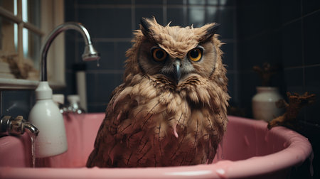 a brown owl with piercing eyes gazes out from a pink tub, creating a captivating narrative-driven visual story. the photo showcases the use of soggy, vray tracing, and selective focus techniques, resulting in a messy yet photo-realistic depiction. this realistic genre scene captures the owl's curiosity and adds depth to the composition. ai generatedの素材