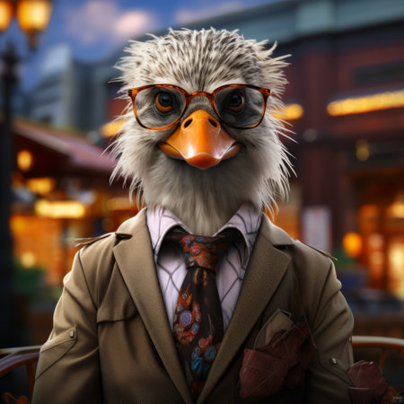 a small bird, dressed in a suit, stands out in a hyper-realistic urban setting. this humorous animal scene, rendered in maya, combines vibrant street scenes with elements of concept art. the bird's attire and the classicist portraiture style add a unique touch to this unreal engine rendering. ai generatedの素材