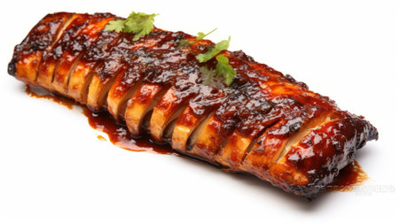 sliced rib roast with dipping sauce, inspired by chinese tradition. this gothcore-style dish features a zigzag presentation, elongated slices, and an organically inspired body art aesthetic. with body extensions and a high gloss finish, this visually stunning culinary creation is a feast for the senses. ai generatedの素材