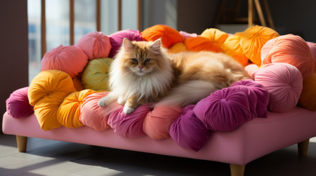 a himalayan cat is seen playing in a candy-colored bed with a light upholstered plywood frame. the bed is situated in a home environment, featuring a low height and a white background. this high-detail, 4k, and high-definition image captures the playful nature of the himalayan cat in a vibrant and cozy setting. ai generatedの素材