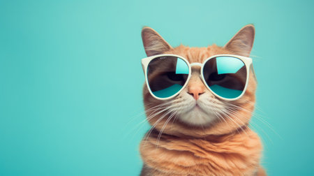a cat wearing sunglasses, matching the size of a man's, in a post-70s ego generation style. the sunglasses feature a combination of light red and turquoise colors. this image captures the essence of artists like mandy disher and joel robison, known for their interactive experiences. the vibrant colors and uhd quality make this image perfect for capturing the heatwave vibes. ai generatedの素材