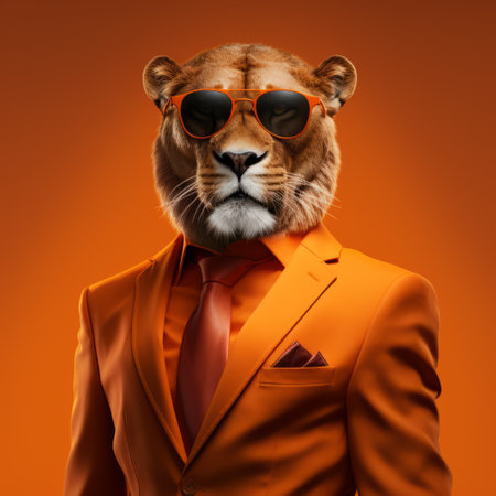 an orange tiger, dressed in a suit and wearing sunglasses, poses against an orange background in this hyper-realistic portraiture stock image. created using zbrush, the bold colorism and kingcore style make it perfect for advertising art. the raw character and detailed depiction of animals add to its visual appeal. ai generatedの素材