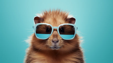 a photo of a guinea pig wearing sunglasses is featured in this free mascots image collection. the image is created in the style of beeple, with vibrant turquoise and amber colors. the use of vray tracing enhances the visual quality, while digital enhancements add an artistic touch. the photo has a cross-processing processed effect, inspired by the works of ragnar kjartansson and caras ionut. aiの素材