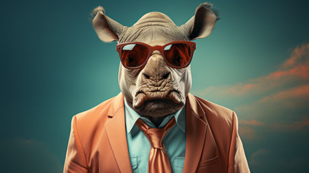 a rhino wearing sunglasses and a suit is depicted in this conceptual portraiture photograph by john wilhelm. the image showcases a combination of dark orange and light cyan tones, capturing the intense gaze of the rhino. the composition draws inspiration from rayonism and the mannerist style of aleksandr deyneka. ai generatedの素材