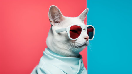 a white cat wearing sunglasses poses confidently in front of a vibrant pink and blue background. this bold fashion photography captures the cat's stylish demeanor, enhanced by the use of vray tracing and layered images. the combination of light teal and red creates a striking color fusion, adding to the overall radical and handsome appeal of the photo. ai generatedの素材