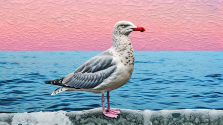 a vibrant pink and orange sky serves as the backdrop for a seagull soaring gracefully in the morning. this hyper-realistic pop-art fusion piece showcases finely rendered textures and precise nautical details. the outdoor art captures the photorealistic beauty of wildlife, with sculpted and photorealistic details that bring the scene to life. ai generatedの素材