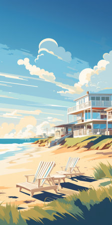 a large doodle on the beach captures the essence of precise, detailed architecture paintings and mid-century illustration. the realistic color palette, reminiscent of michael malm's work, adds depth to the scene. with a low depth of field, the doodle stands out against the picturesque backdrop of the southern countryside, creating a captivating illustration. ai generatedの素材