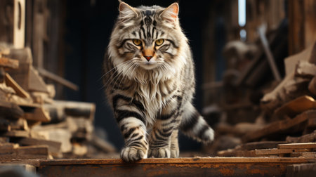 big cats gracefully walking on a wooden staircase, captured in stunning macro photography. these soviet-inspired portraits showcase the striped and characterful animals in soft lighting. the scratched textures add to the captivating beauty of this mesmerizing image. ai generatedの素材