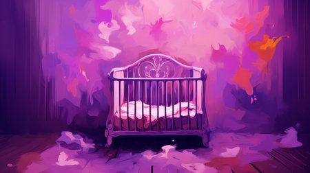 an orb of glowing yellow lights illuminates several purple-colored baby cradles in this nostalgic speedpainting. the dark pink, wrought iron cradles create a romantic illustration with a touch of cabincore aesthetic. the paint dripping technique adds an artistic and dreamy vibe to the overall composition. ai generatedの素材