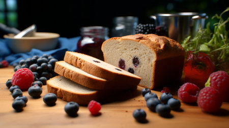 a loaf of bread, accompanied by slices and blueberries, is placed on a wooden table. the dark cyan and crimson tones add a touch of vibrancy to the image. this backlit photograph captures the essence of american consumer culture, with a lively storytelling approach. the composition reflects the yankeecore aesthetic, showcasing a multilayered and captivating scene. ai generatedの素材