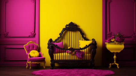 a white tiffany crib stands out in a pink room with vibrant yellow walls. the room is adorned with eccentric props, creating a photorealistic composition. the baroque ornate and dramatic compositions add a touch of elegance. the dark yellow and dark magenta color scheme, along with retro pop elements, create a visually striking and richly colored space. ai generatedの素材